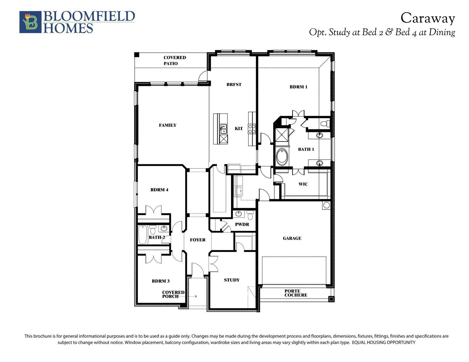 Caraway Floor Plan with Optional Study at Bed 2/Bed 4 at Dining