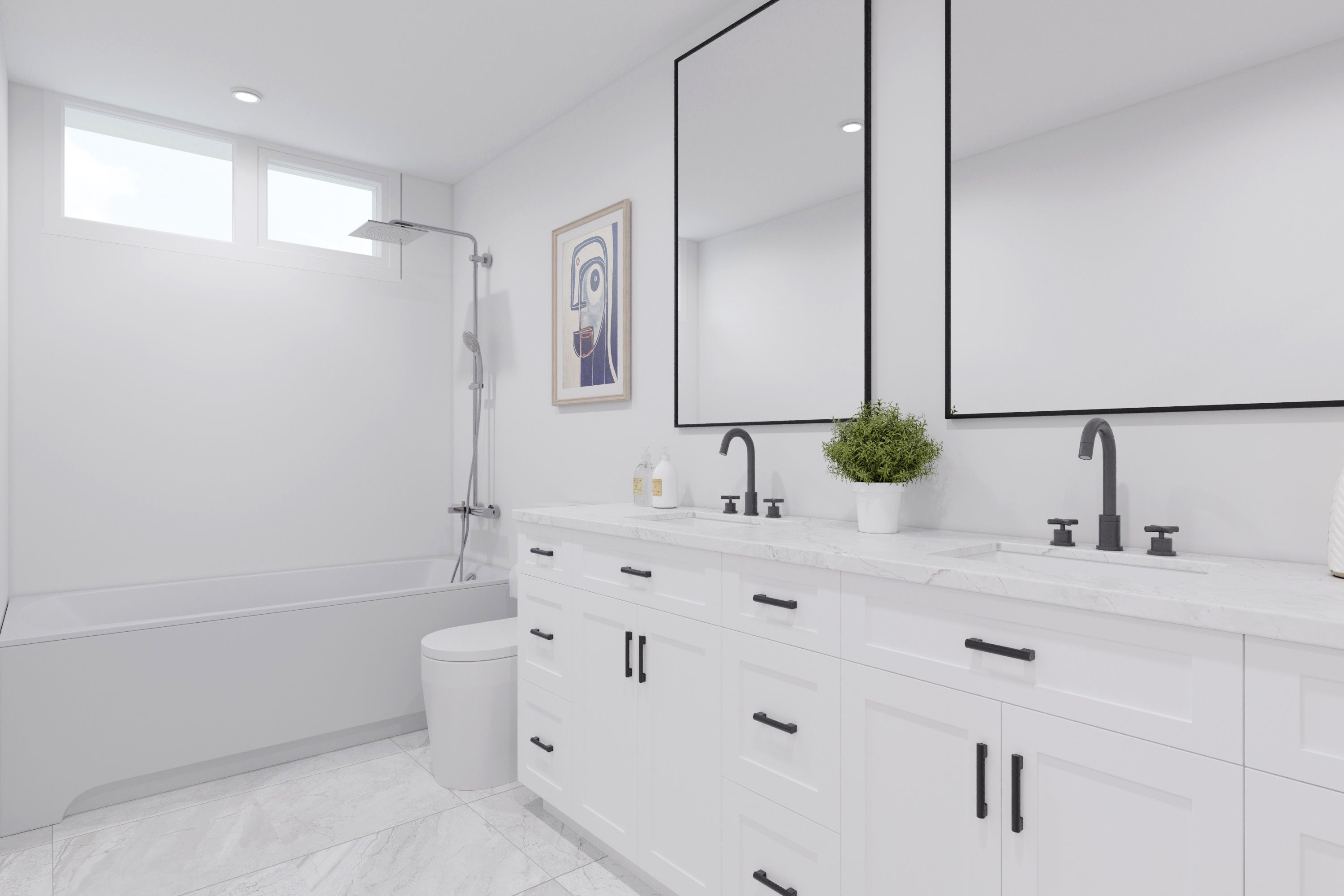 Bright and modern upstairs bath for family or guests.