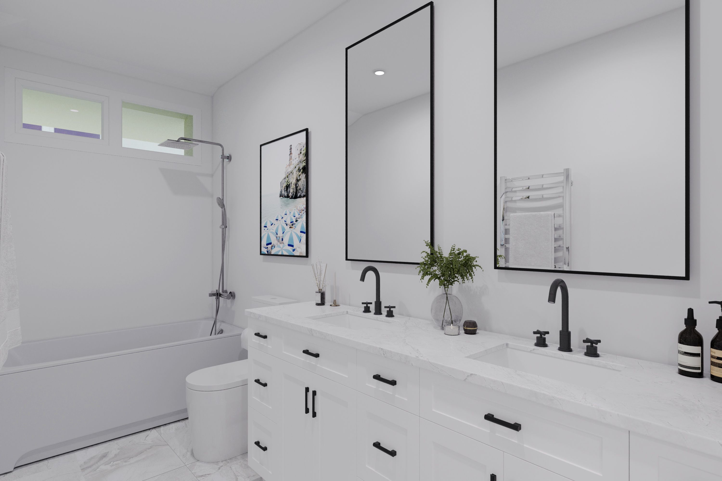 Bright and modern upstairs bath for family or guests.