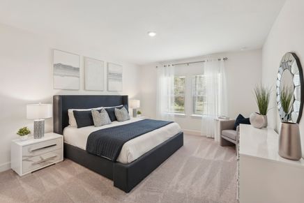 Luxurious North Port bedroom features navy accents, plush carpet, and large window for abundant natural light.