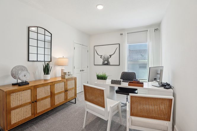 Elegant Spring Hill office with woven accents and sleek furniture, perfect for luxury and comfort.