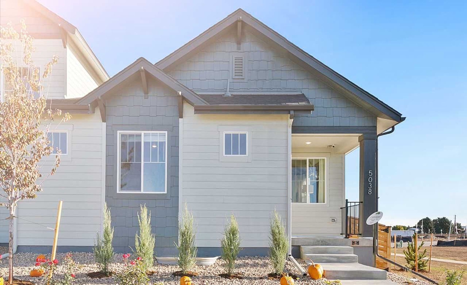 Sleek gabled roof and pristine gray siding create a stunning façade in Trailside on Harmony.