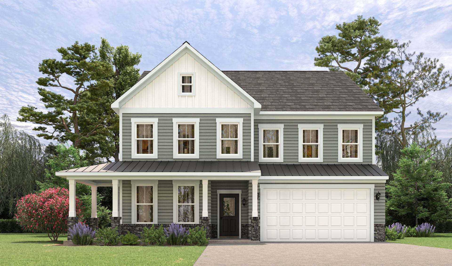 Elevation 50: Shown with Opt. Metal Roof above the garage & front porch, and Opt. Wrap around porch
