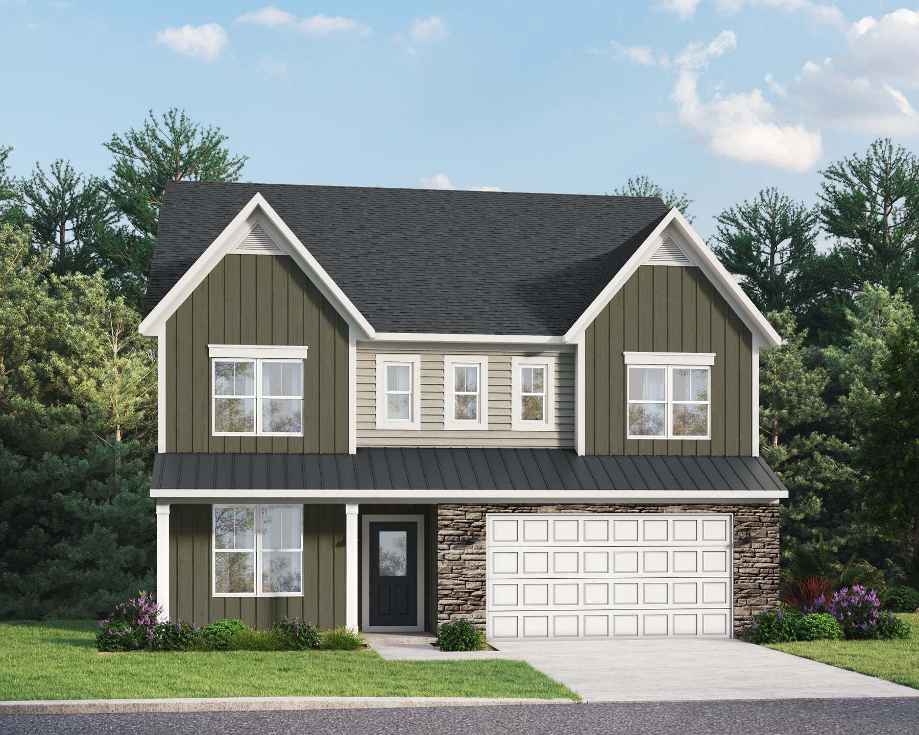 Elevation 51: Shown with Opt. Metal Roof above the garage & front porch