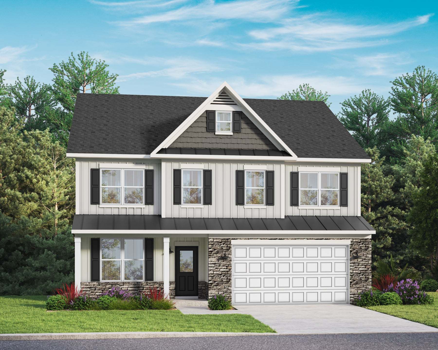 Elevation 32: Shown with Opt. Metal Roof above the garage, front porch and gable full return