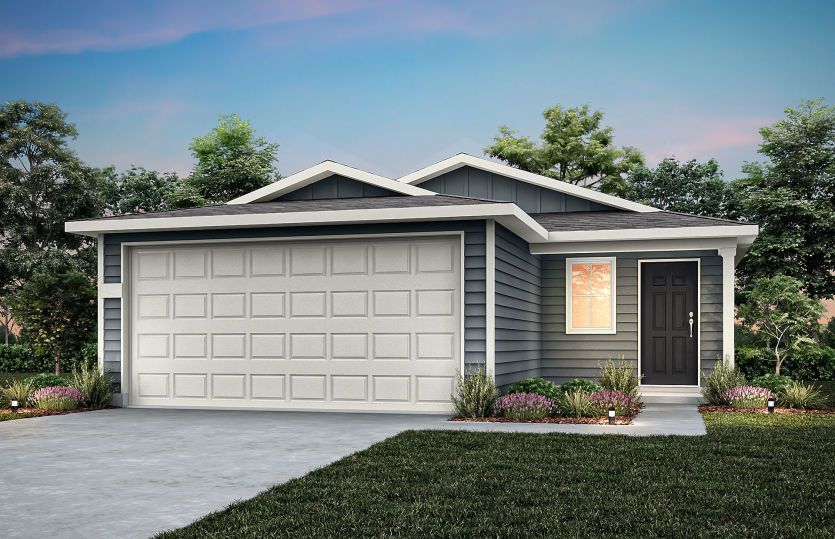 The Barton, a one-story home with 2-car garage, shown with home exterior HC101