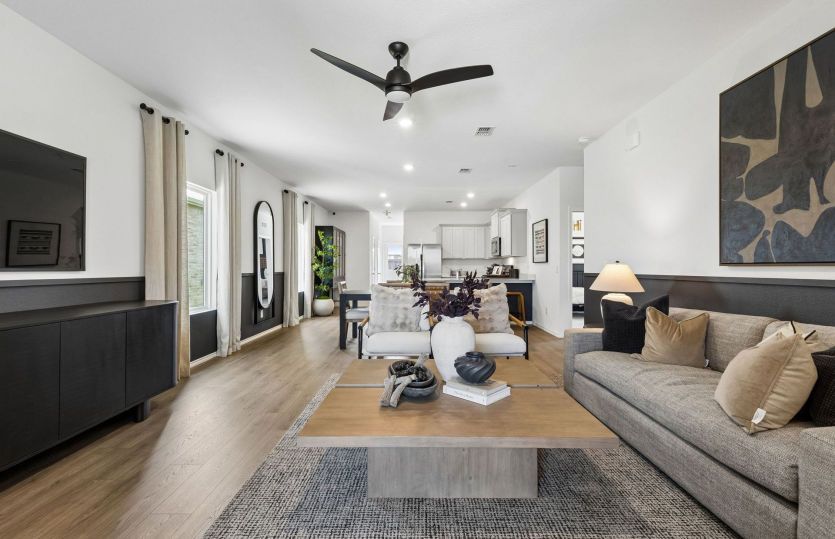 Gathering room with view of kitchen *model representation