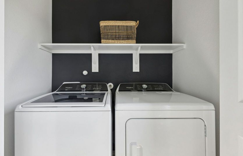 Laundry room with built-in shelving *model representation