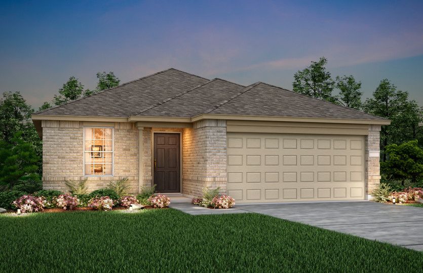 The Independence, a one-story home with 2-car garage, shown with Home Exterior N