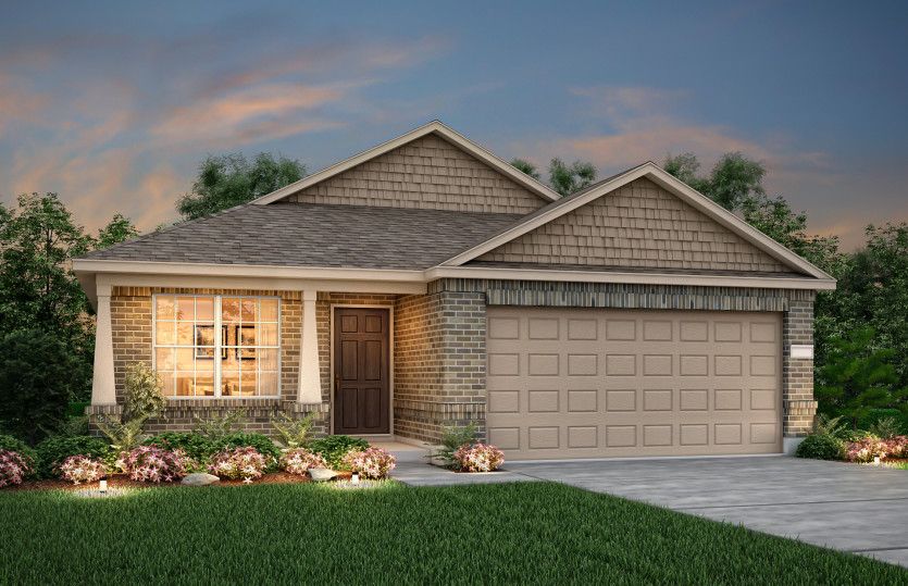 The Independence, a one-story home with 2-car garage, shown with Home Exterior S