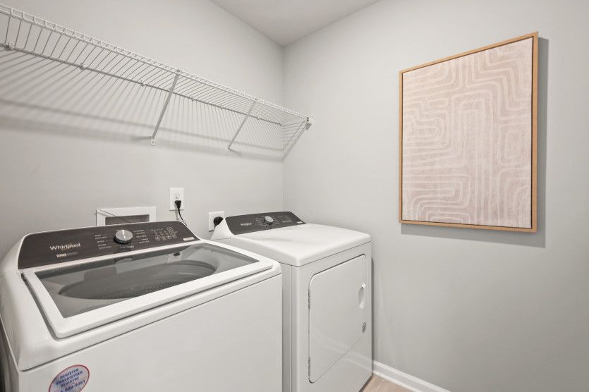 Second story laundry room, with its sleek modern appliances, transformed the once mundane chore into