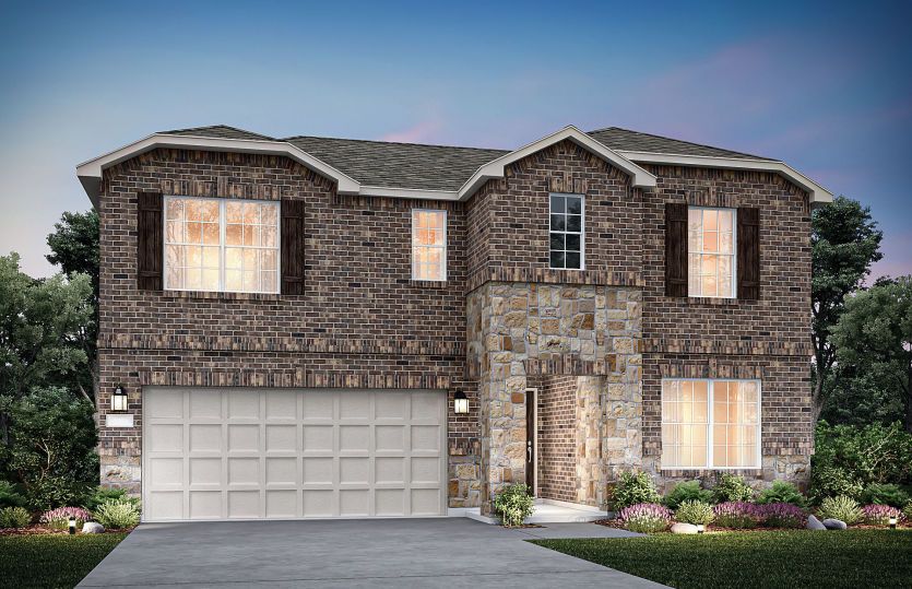 The Thomaston, a two-story home with shutters, shown with Home Exterior F