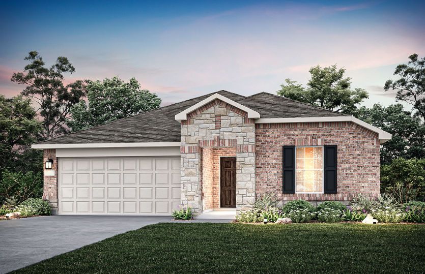 The Serenada, a one-story home with 2-car garage, shown with Home Exterior O