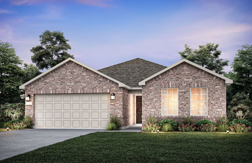 The Rayburn, a one-story home with 2-car garage, shown with Home Exterior O