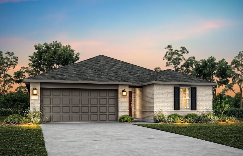 The Serenada, a one-story home with 2-car garage, shown with Home Exterior N