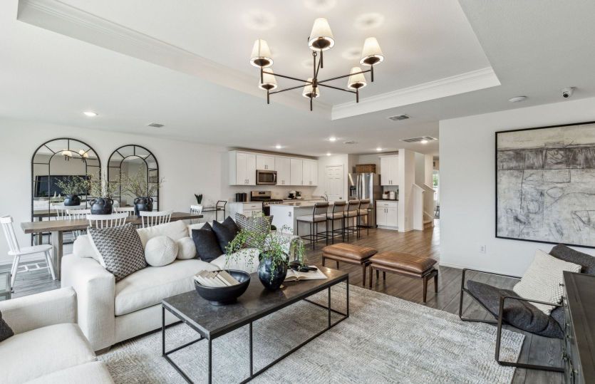 Gathering room with view of kitchen