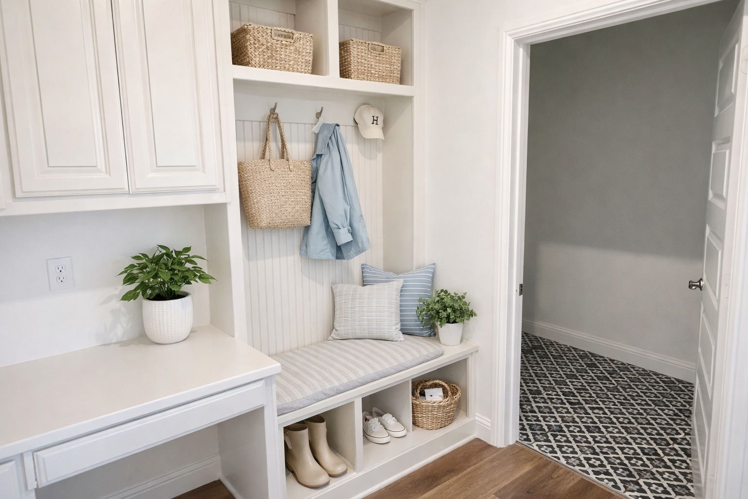 Virtually Staged Mudroom Bench & Laundry Room