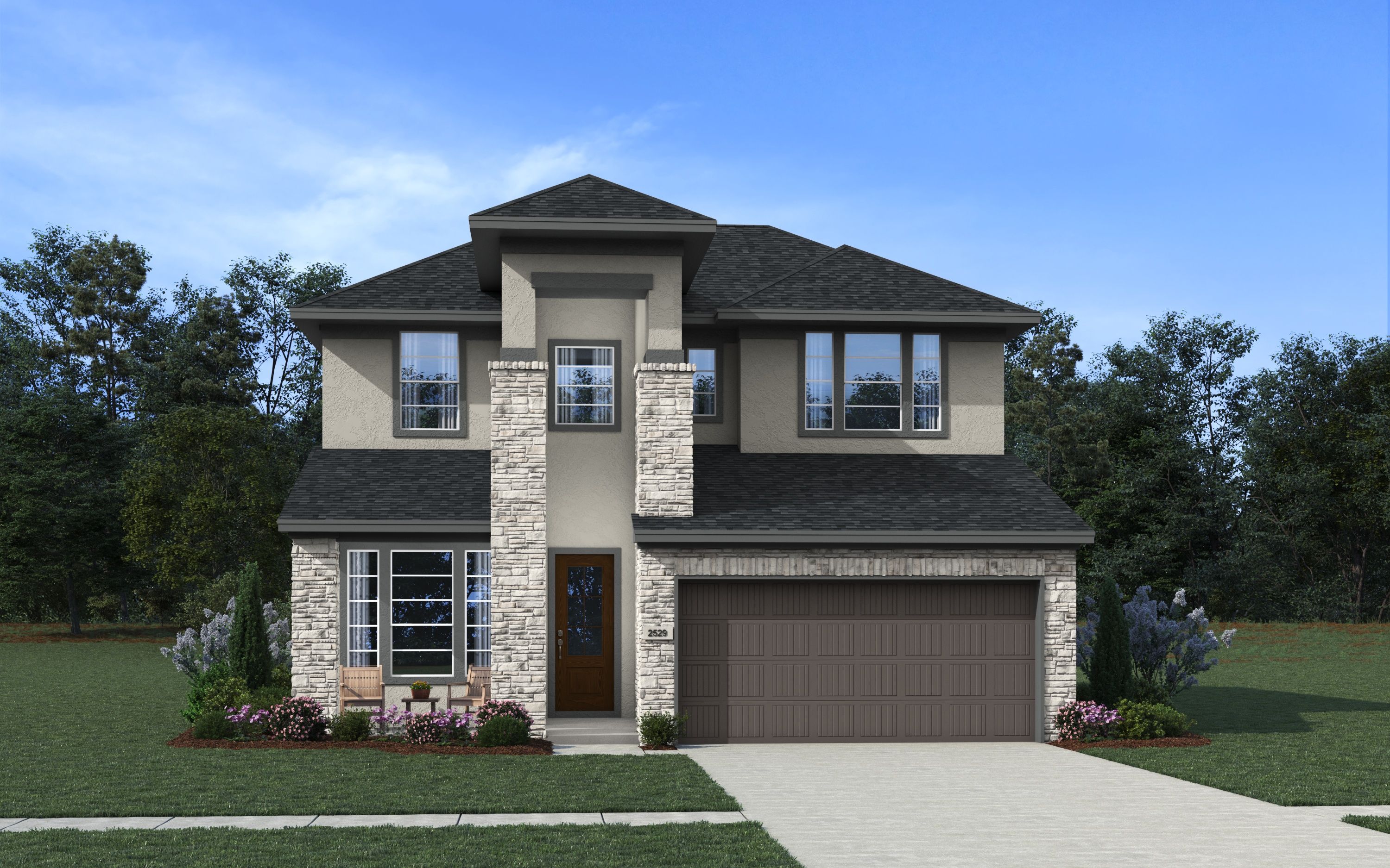The Dayton Elevation B - Stucco and Stone