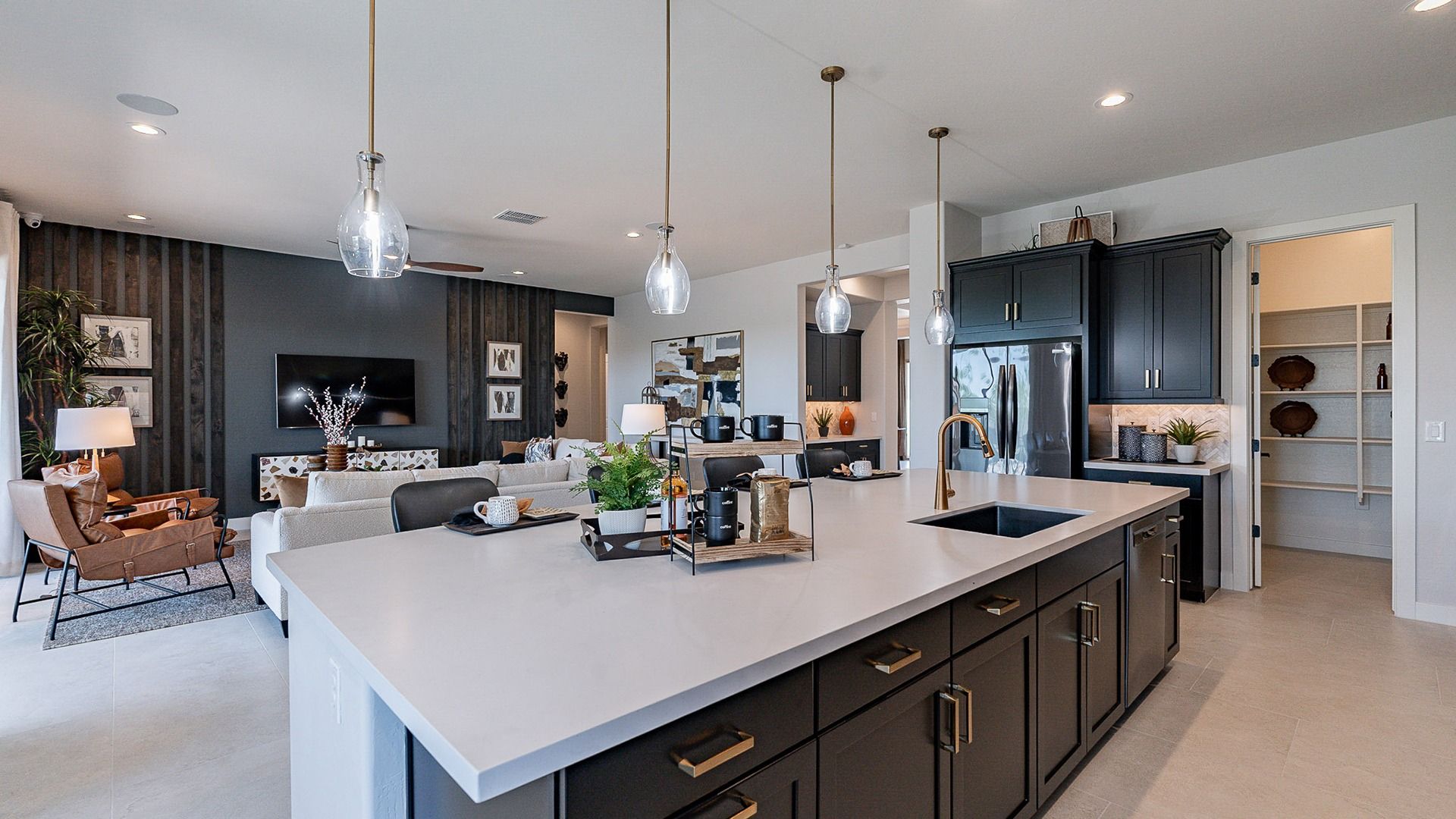 Elegant Arizona home with sleek cabinetry, spacious island, and sophisticated open-plan living design.