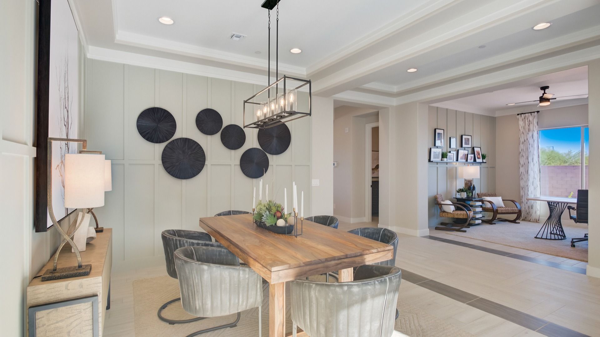 Experience elegance with custom wood table and geometric decor. Nestled in Arroyo Seco's prestigious Palazzo.