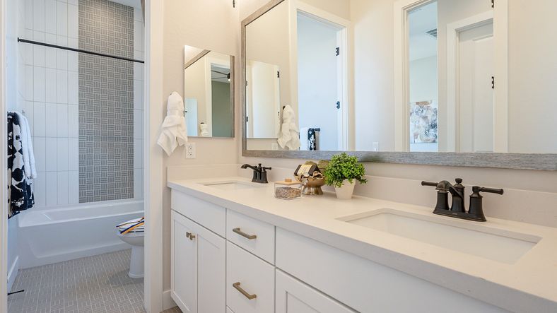 Luxurious bathroom in Hacienda at Estrella with chic tile design and sleek double vanity exudes sophistication.