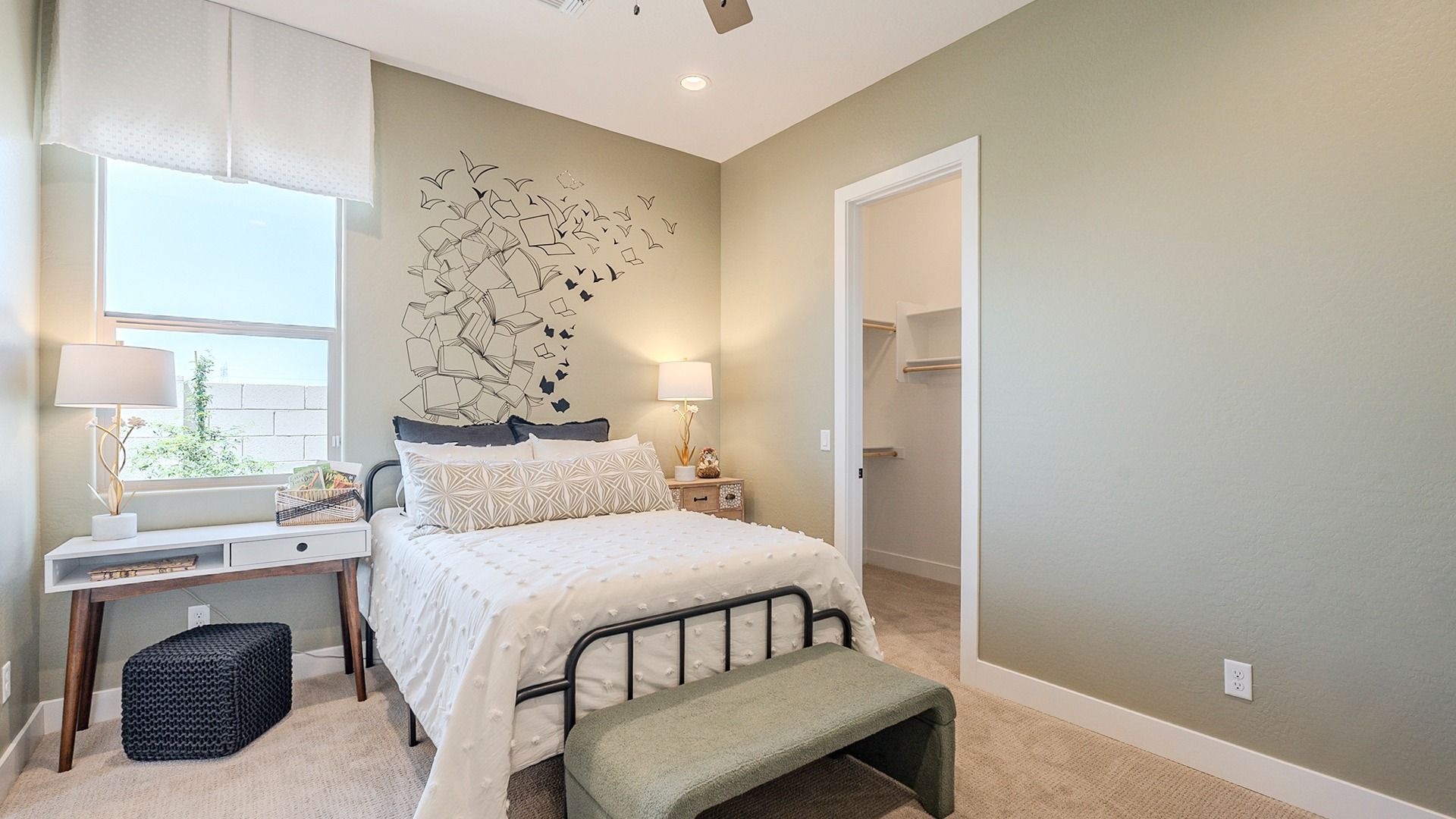 Elegant bedroom with bespoke mural and natural light, offering serene space in Hacienda at Estrella.