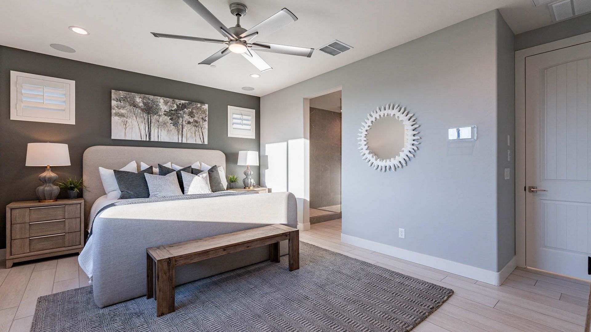 Discover refined elegance with sleek finishes and unique decor in this Villas at Mystic bedroom.