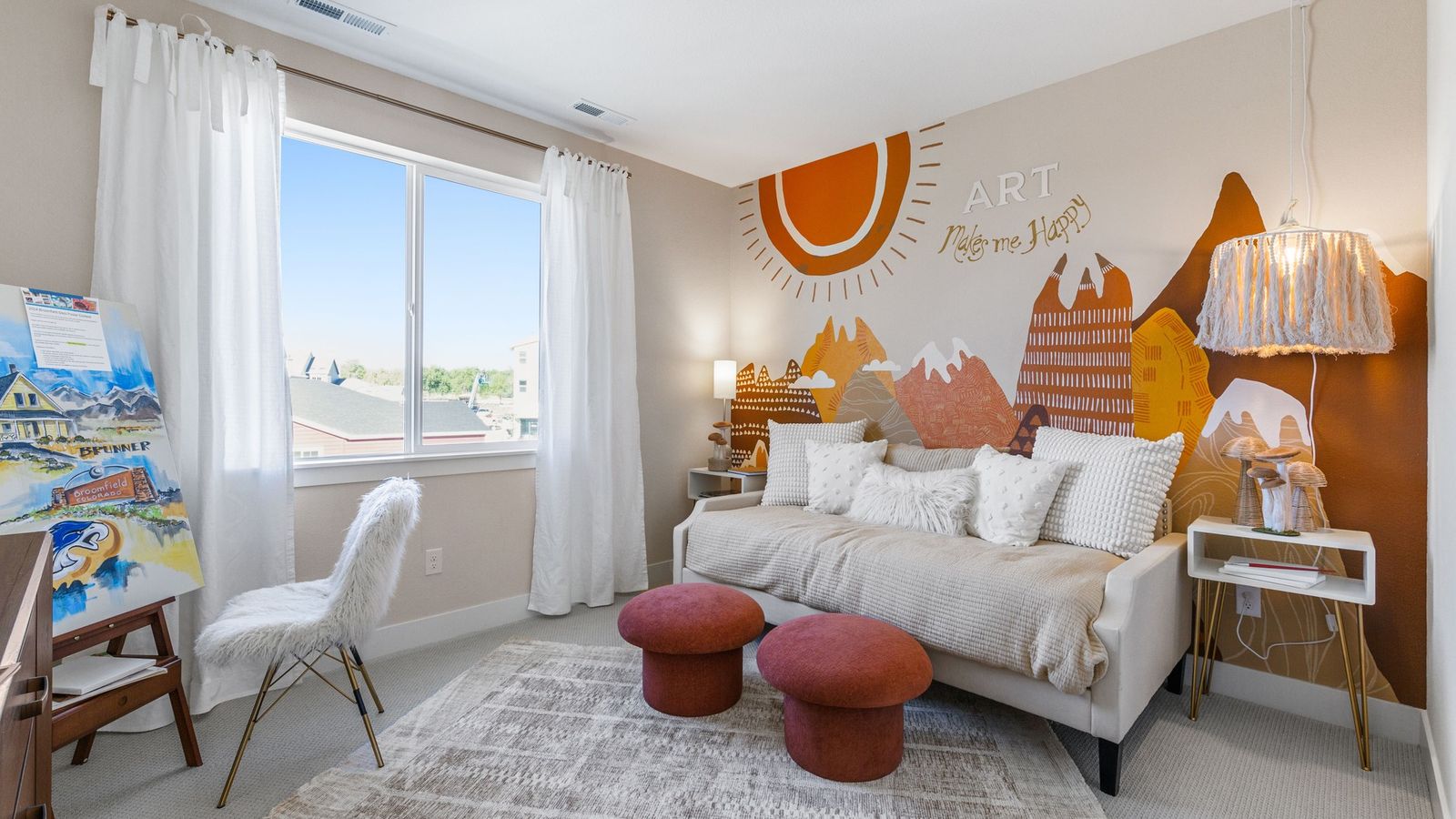 Luxe bedroom features a stunning hand-painted mural and elegant modern furnishings in Dillon Pointe.
