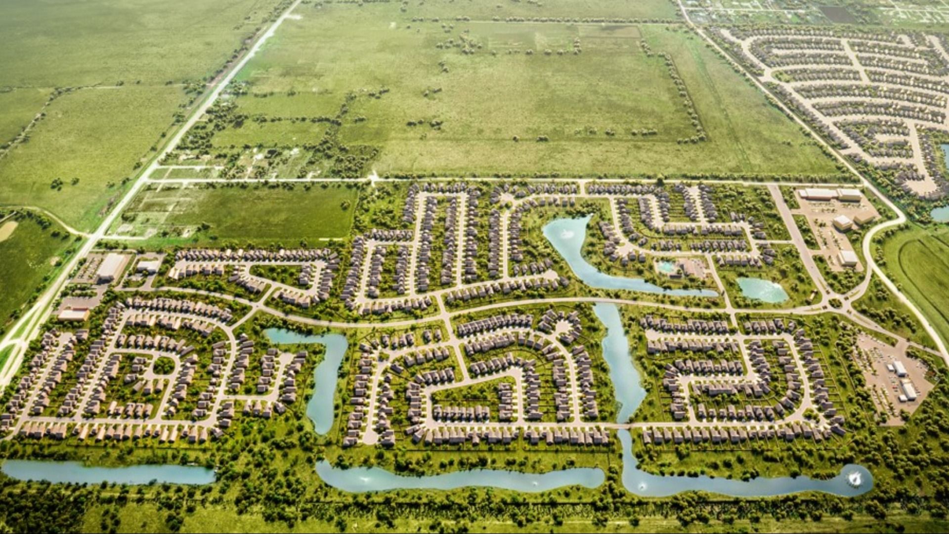 Overhead view of Aldeana in Rosharon, TX highlighting community design.