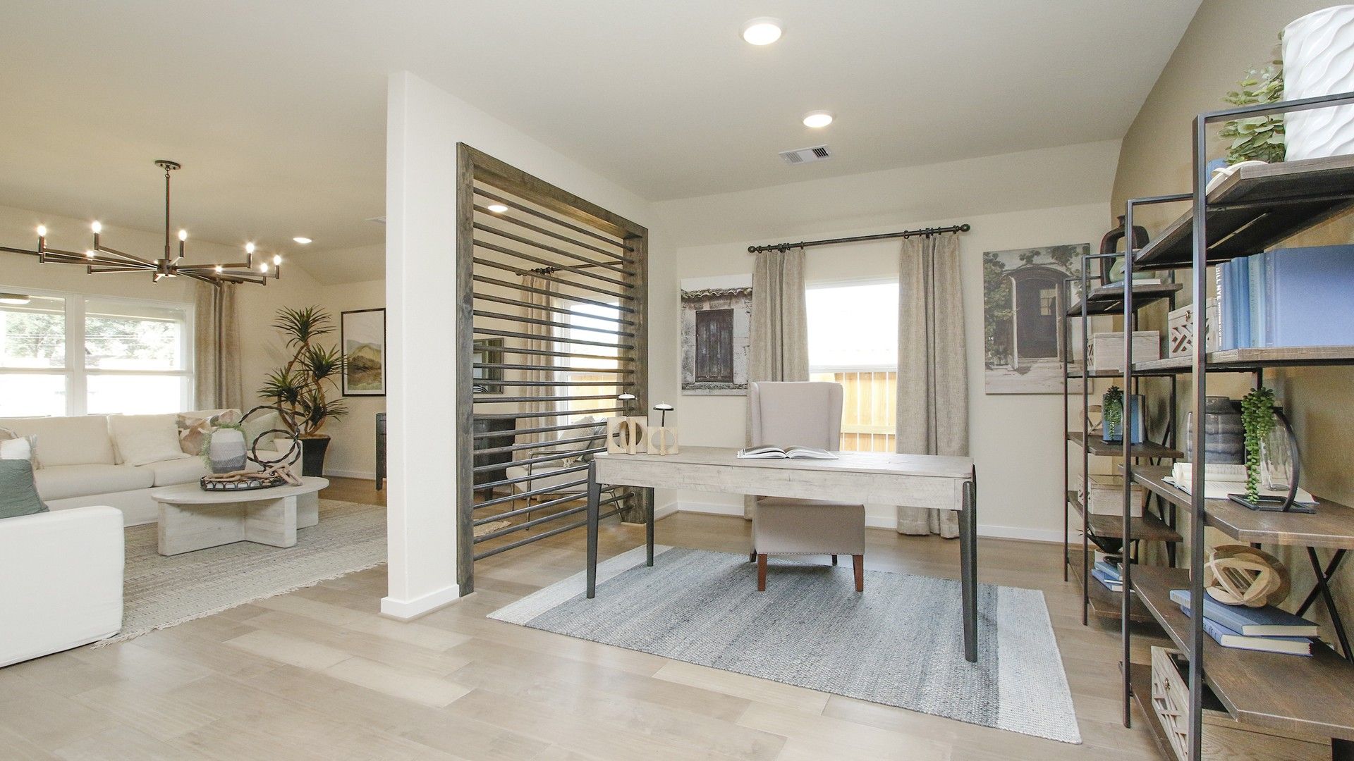 Experience unparalleled style with sleek metal slat divider and expansive windows at Pinehurst.