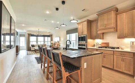 Exquisite Bridgeland home features a chic kitchen with luxurious stone countertops and sleek pendant lighting.