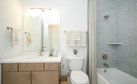 Impeccable subway tile and minimalist fixtures create a serene oasis in Sunterra.