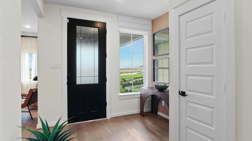 Sophisticated foyer features sleek black door, wood console, and expansive window in Mostyn Springs.