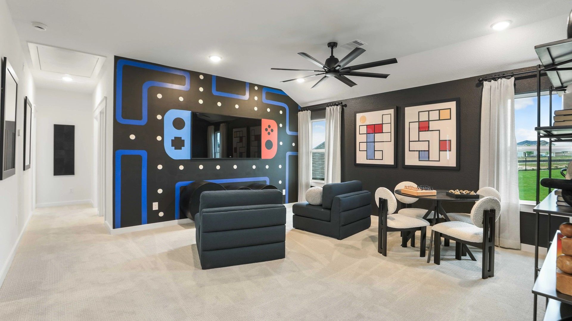 Enjoy bold murals and plush seating in Mostyn Springs' sophisticated interior.