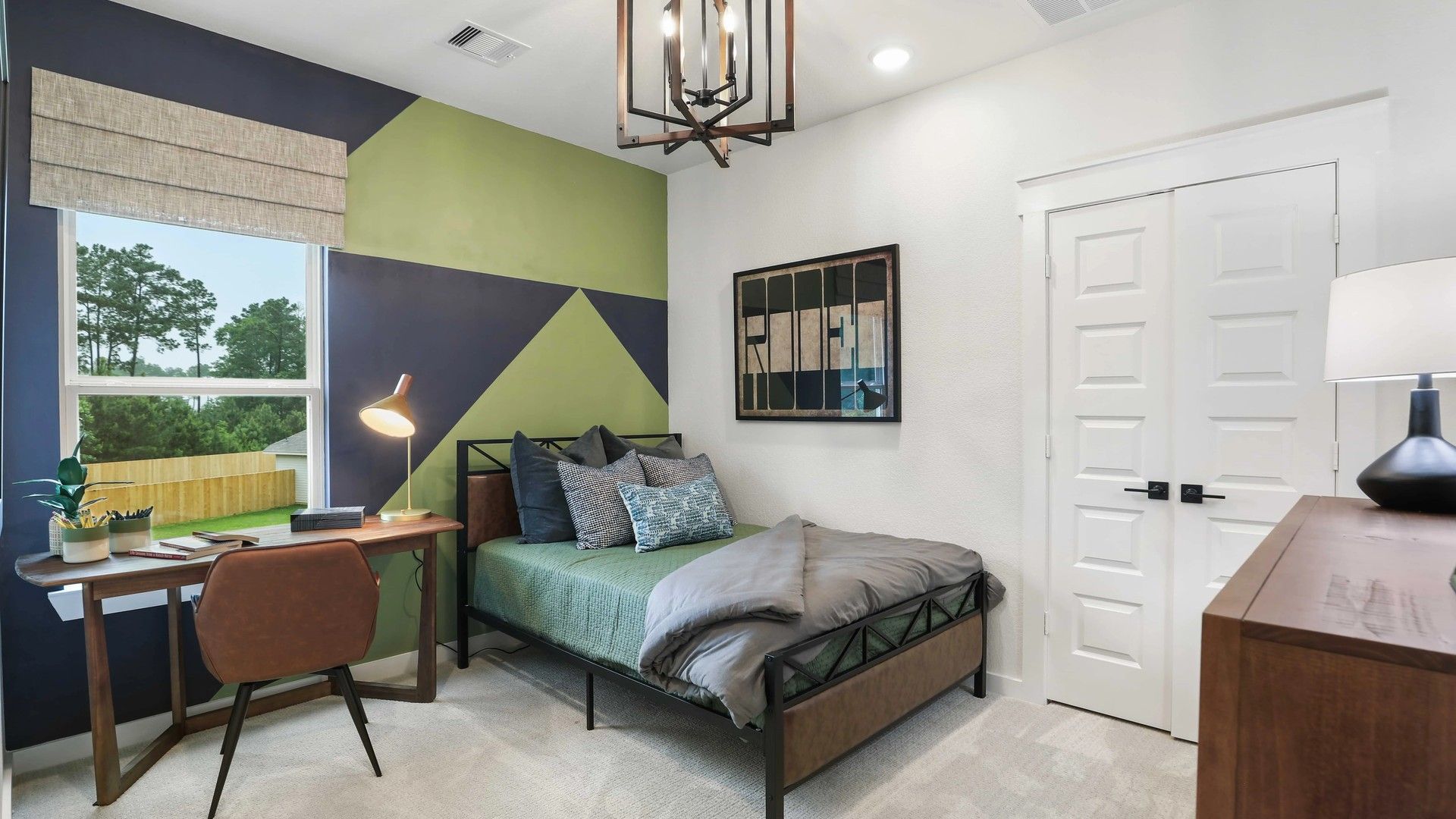 Discover geometric wall elegance and modern lighting in this chic Mostyn Springs retreat. Luxurious style meets comfort.