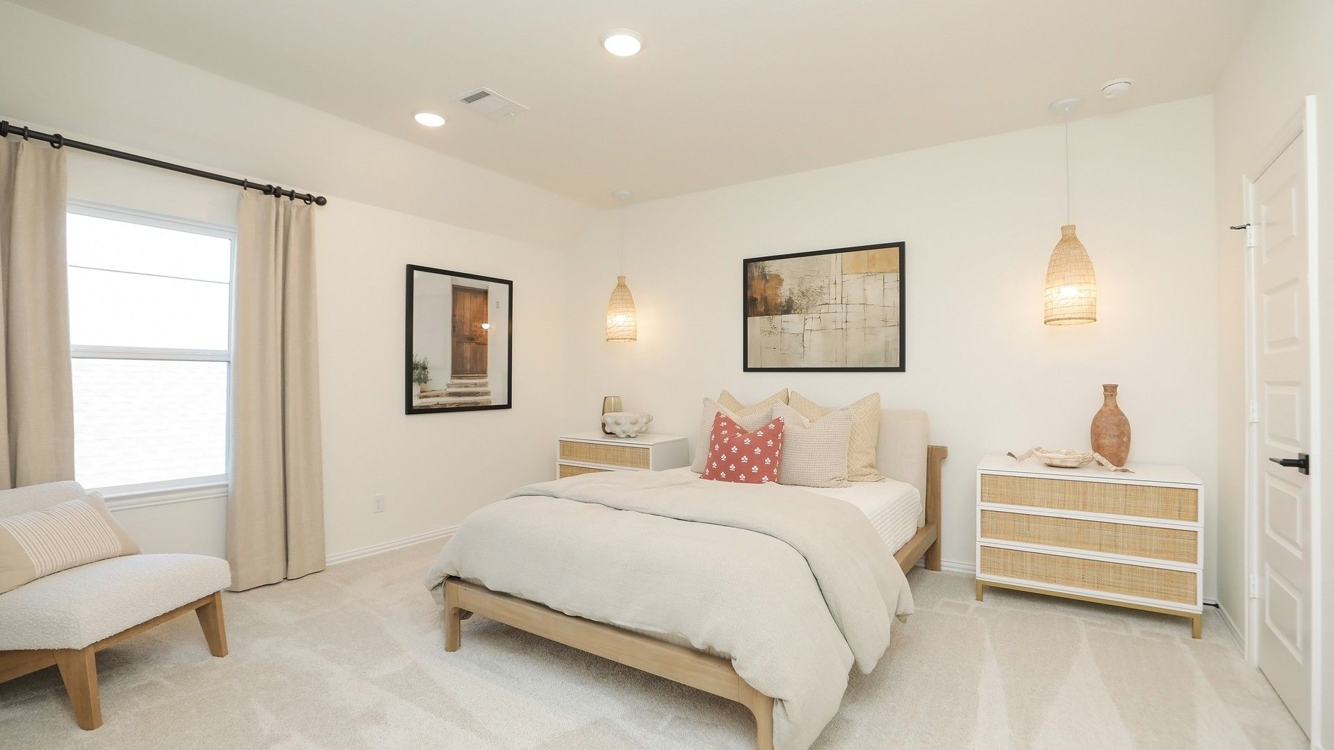 Luxurious Brookewater bedroom features elegant woven pendants, abstract art, and serene neutral palette.