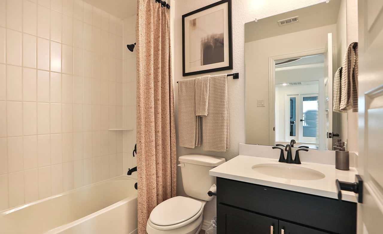 Embrace understated elegance in Bridgeland's bathroom, showcasing a black vanity paired with modern matte fixtures.