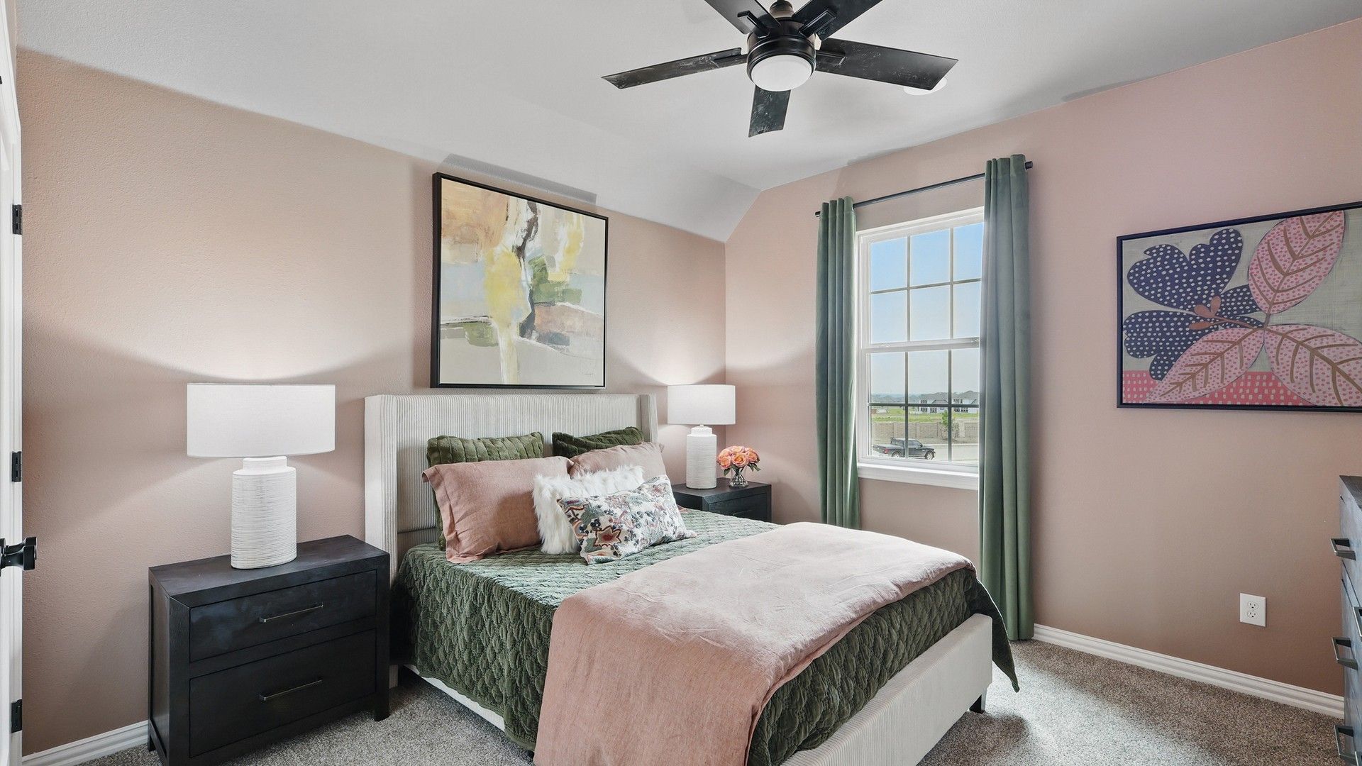 Experience refined luxury with modern ceiling fan, plush bedding, and serene hues in Westridge.