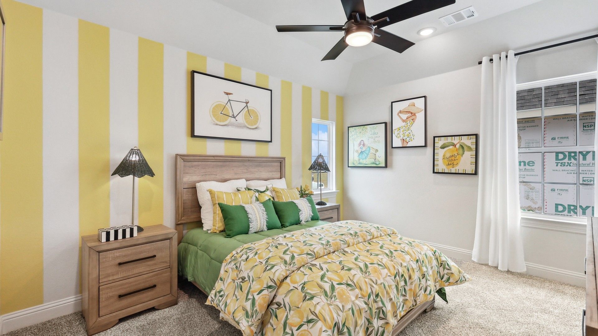 Experience elegance in Green Meadows with vibrant yellow stripes and artistic decor. Luxurious comfort in every detail.