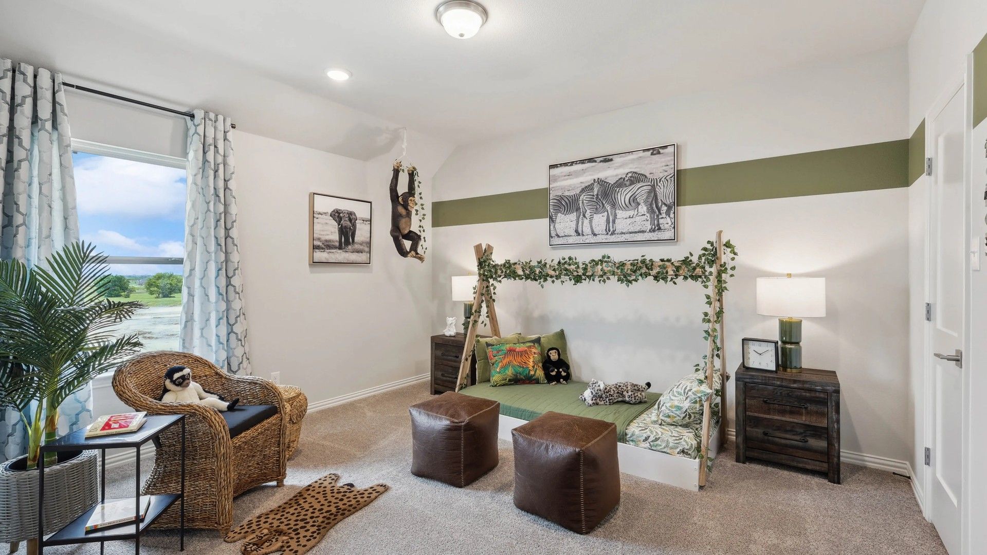 Explore this Hulen Trails room's safari theme, boasting natural textures and playful animal-inspired decor.