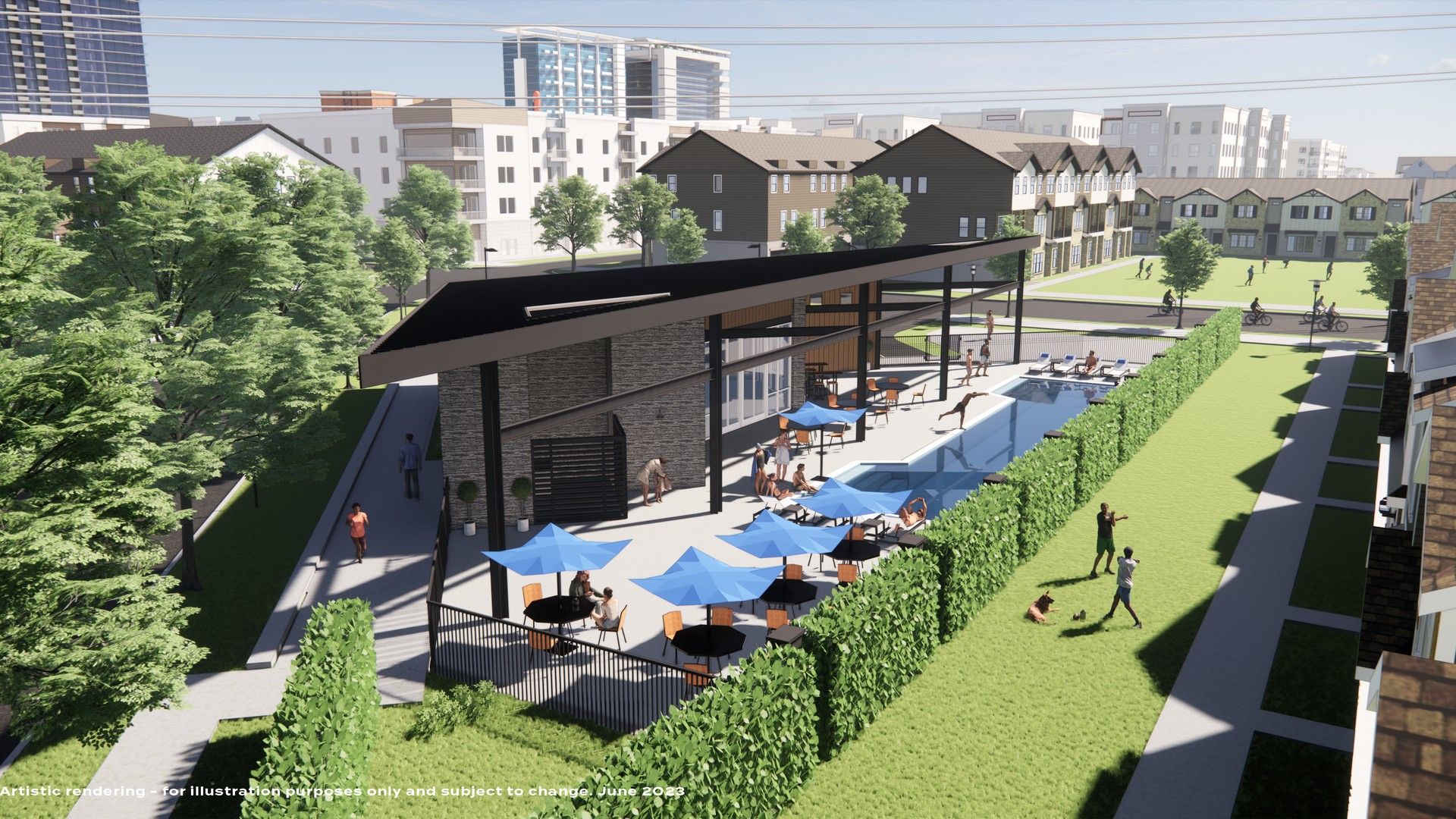 Experience refined luxury at Collin Creek's sleek pavilion, featuring a chic pool and modern landscape.