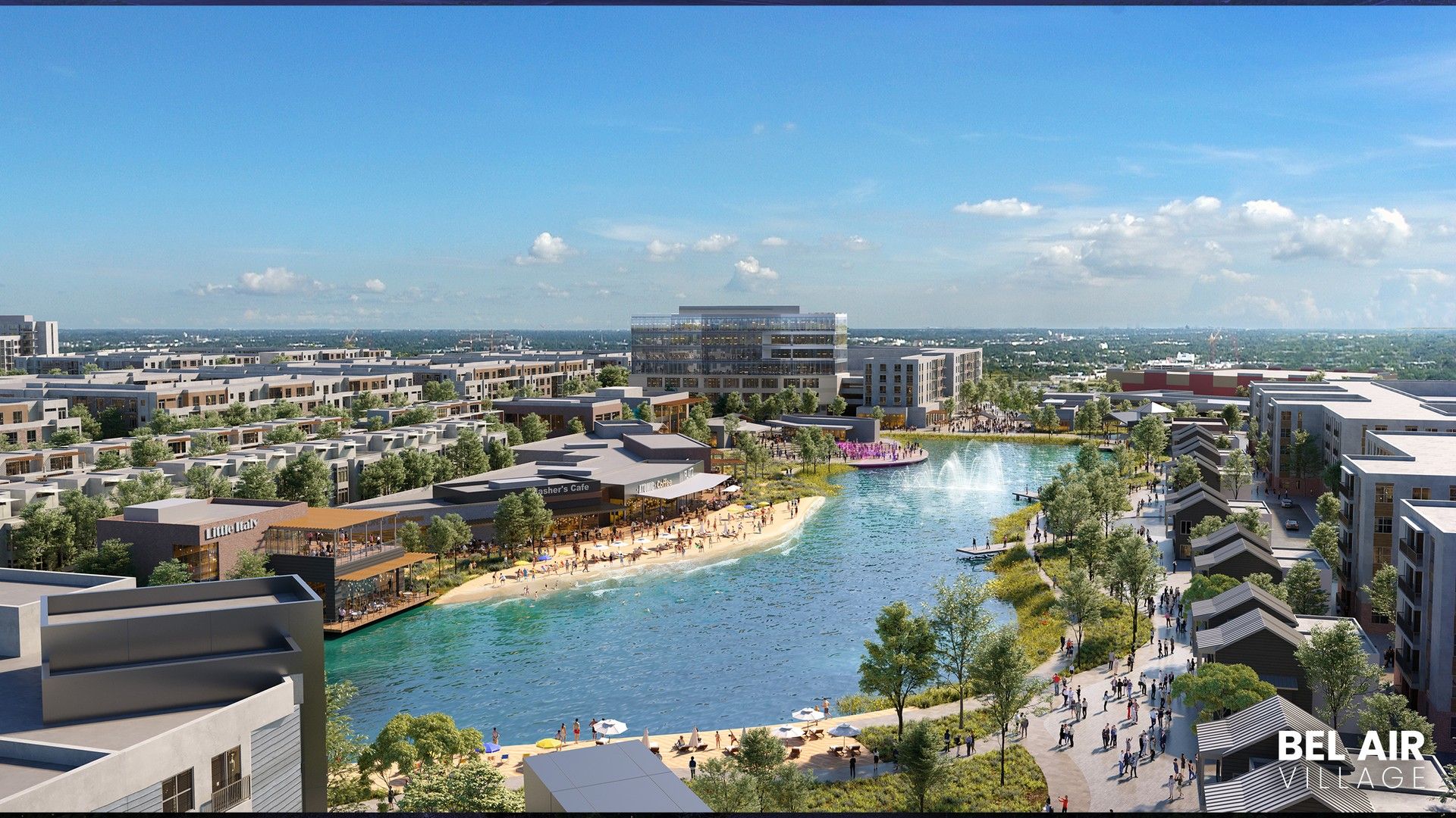 Experience refined living at Bel Air Village with sleek designs, a shimmering lake, and lush landscape vistas.