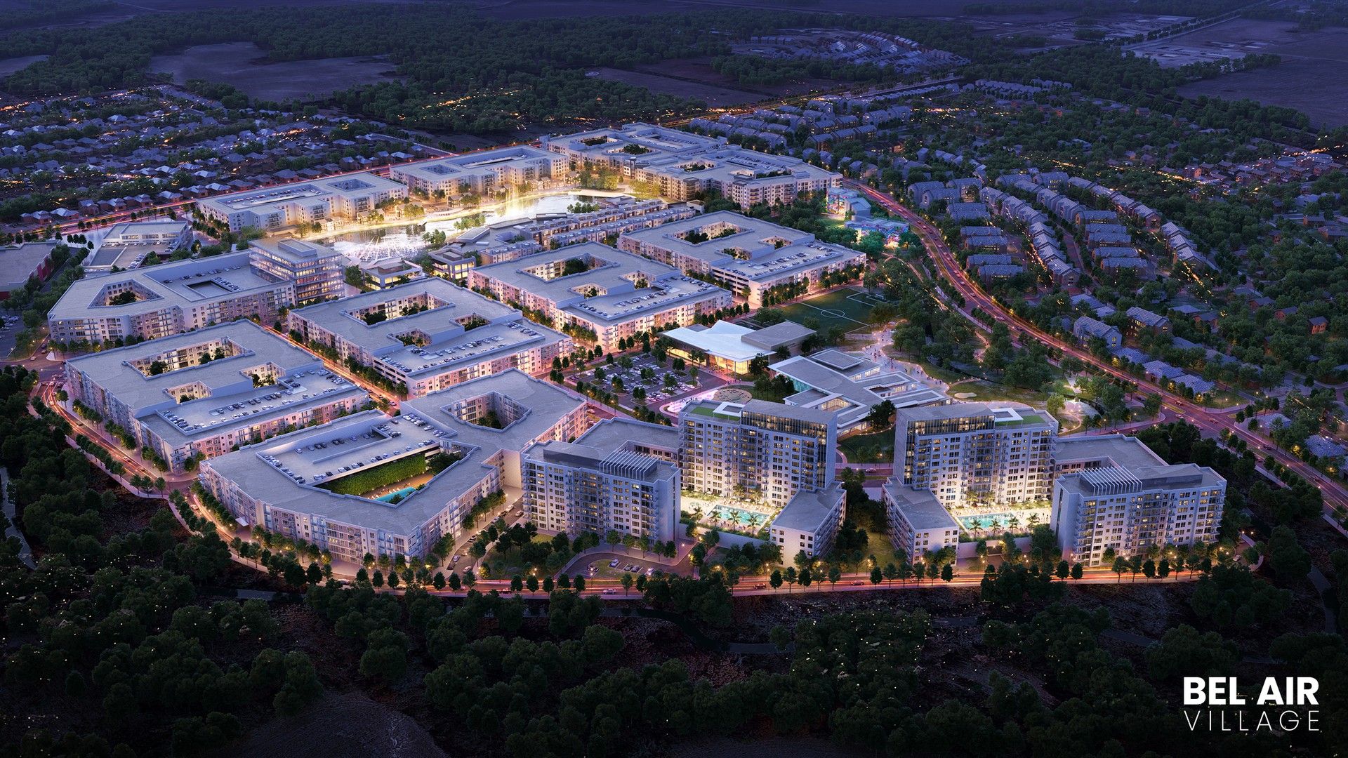 Discover Bel Air Village's modern elegance with unique architectural layouts and lush green surroundings.
