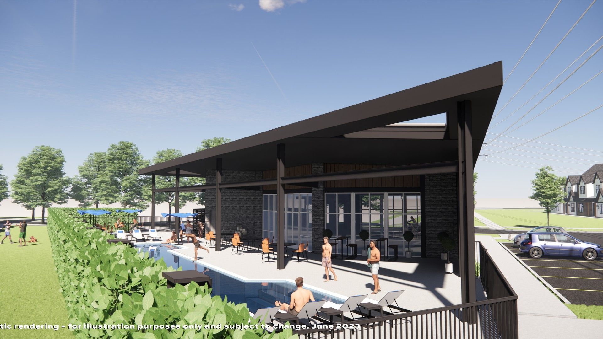 Elegant clubhouse featuring sleek modern lines and a chic outdoor pool area in Collin Creek community.