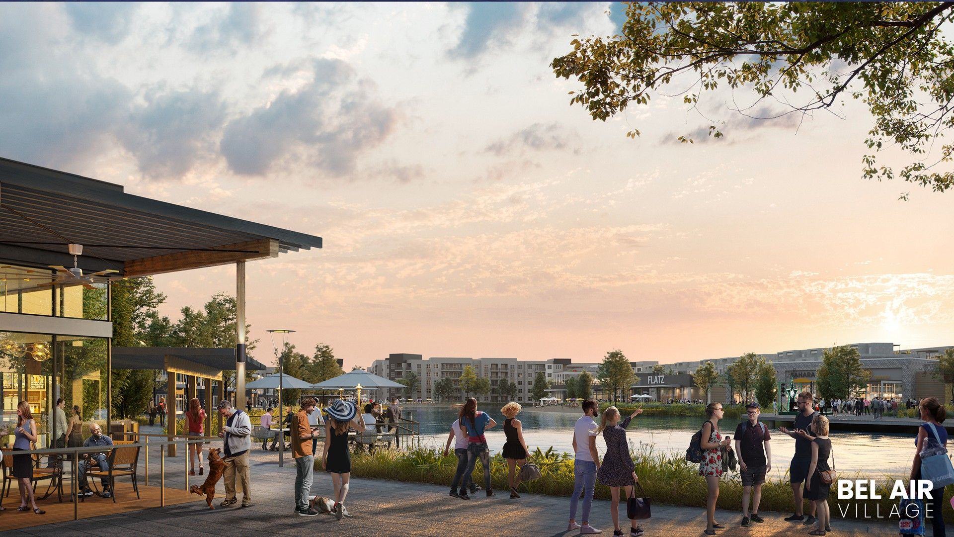 Elegant glass facades and serene waterfront views offer a luxurious experience in Bel Air Village.