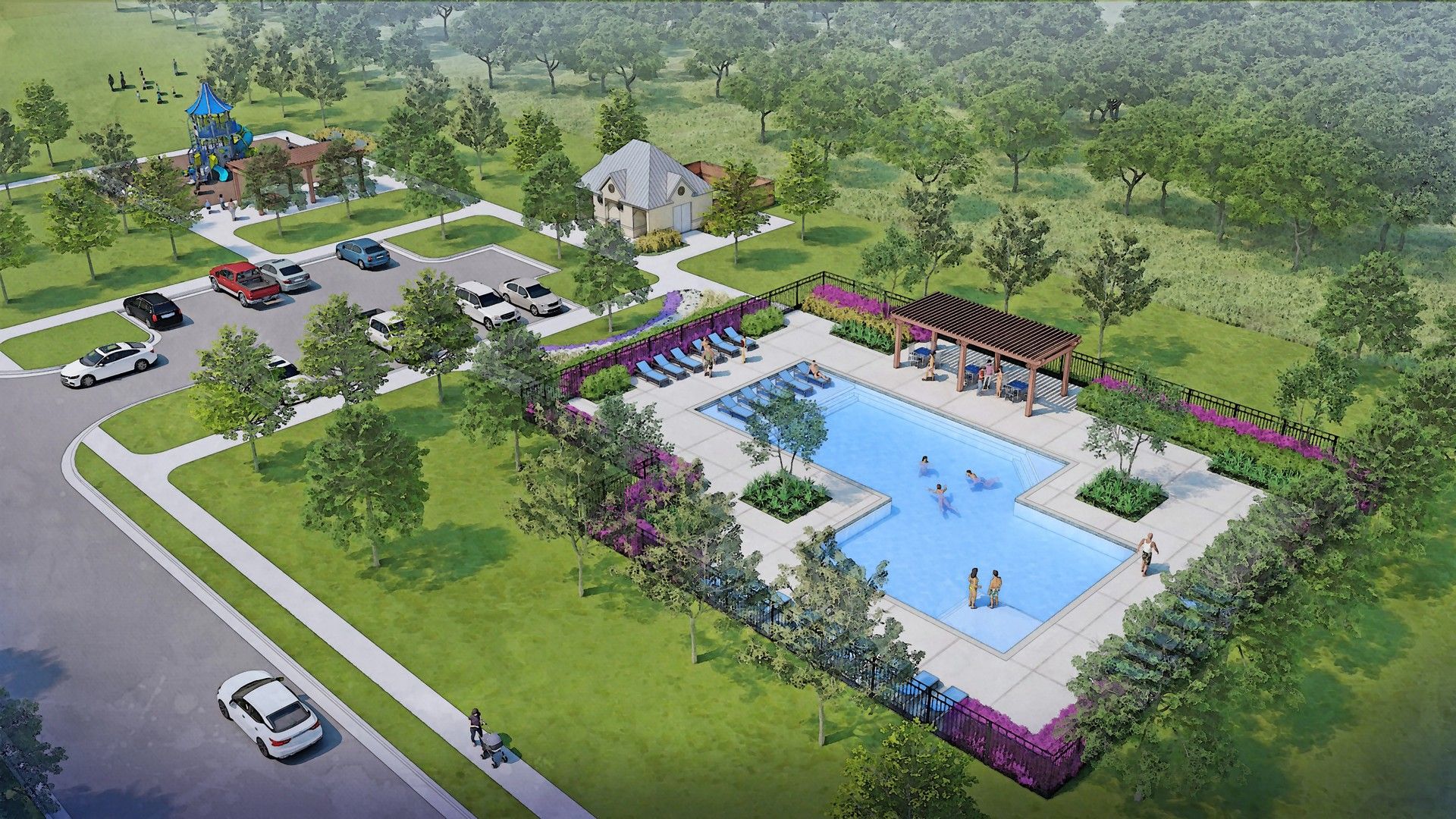 Elegant poolside pergola and manicured greenery enhance the Anna Ranch's serene atmosphere.