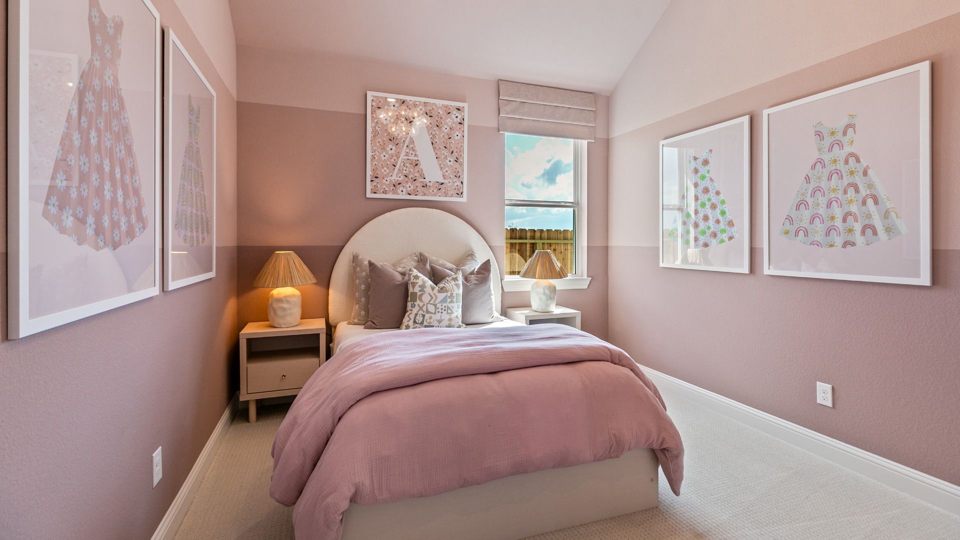 This pink bedroom offers a playful yet elegant retreat filled with personality and comfort.