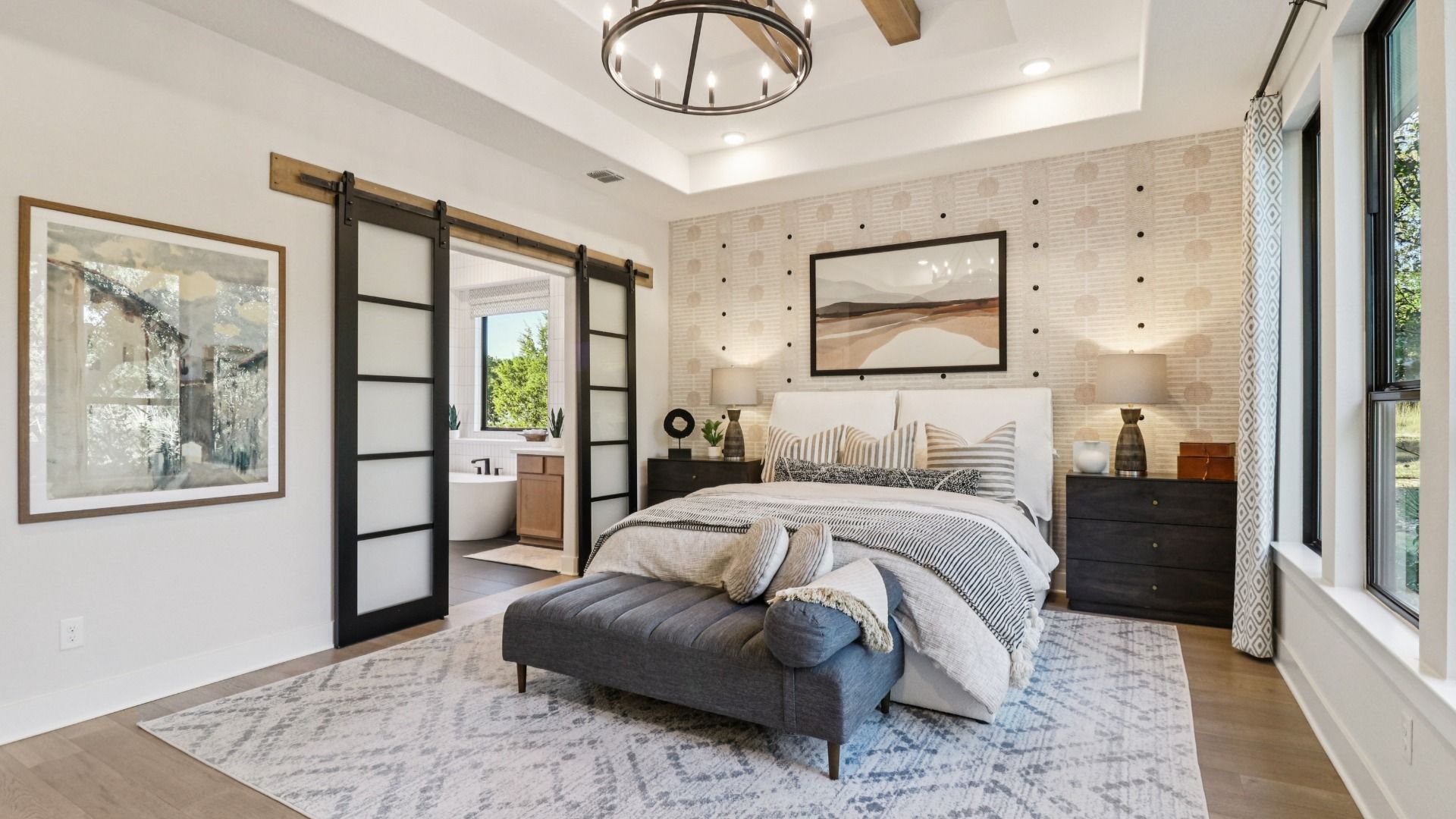 Contemporary elegance meets rustic charm with exposed beams and chic sliding doors in San Antonio.