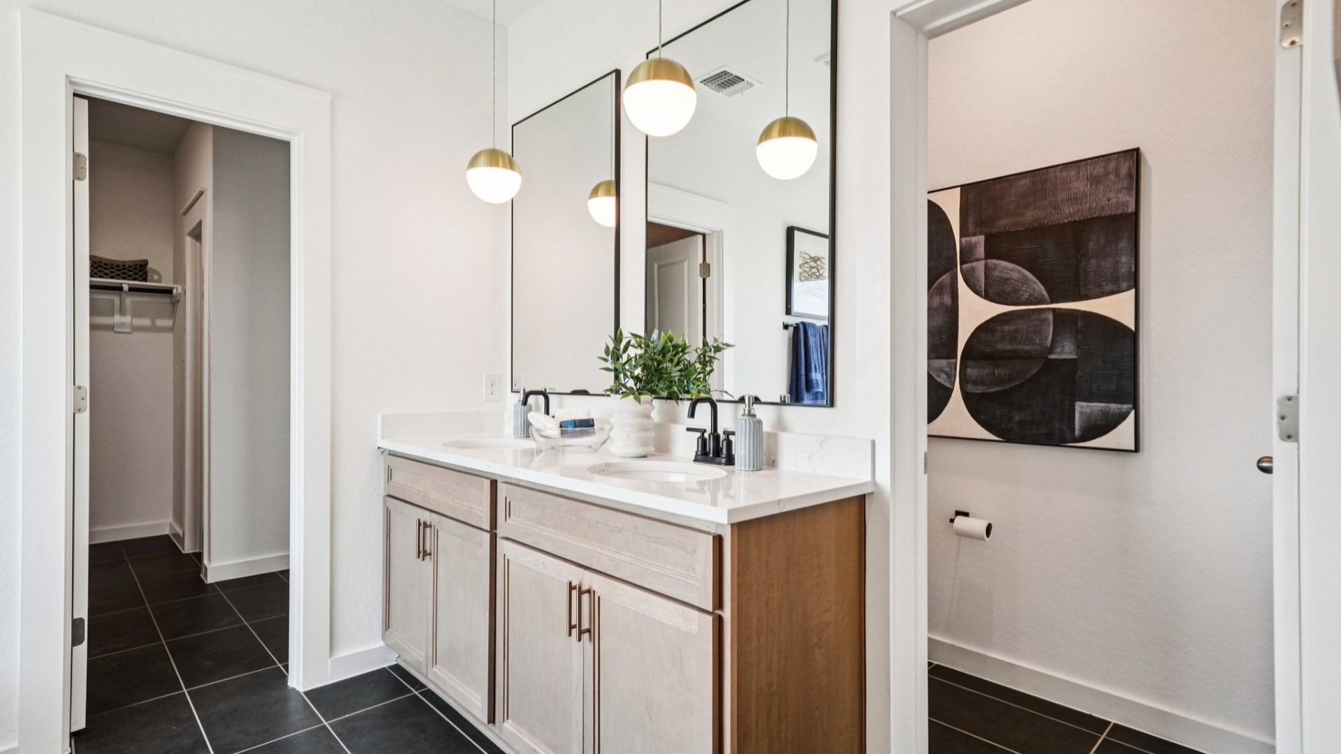 Double Vanity, Omegastone Countertops, Modern Light Fixtures, Private Water Closet