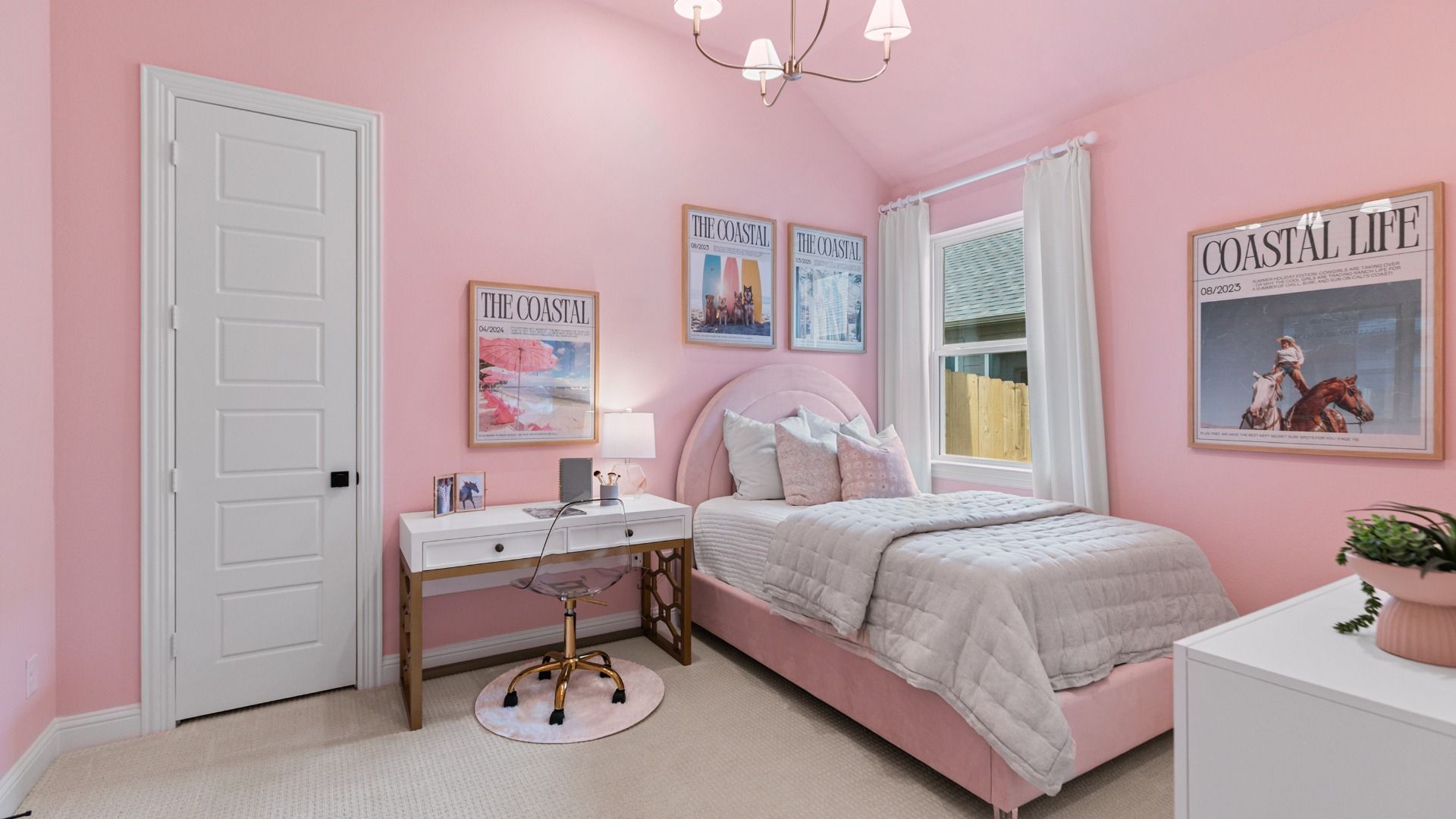 Soft light pink walls create a bright, fun bedroom in Aldeana.